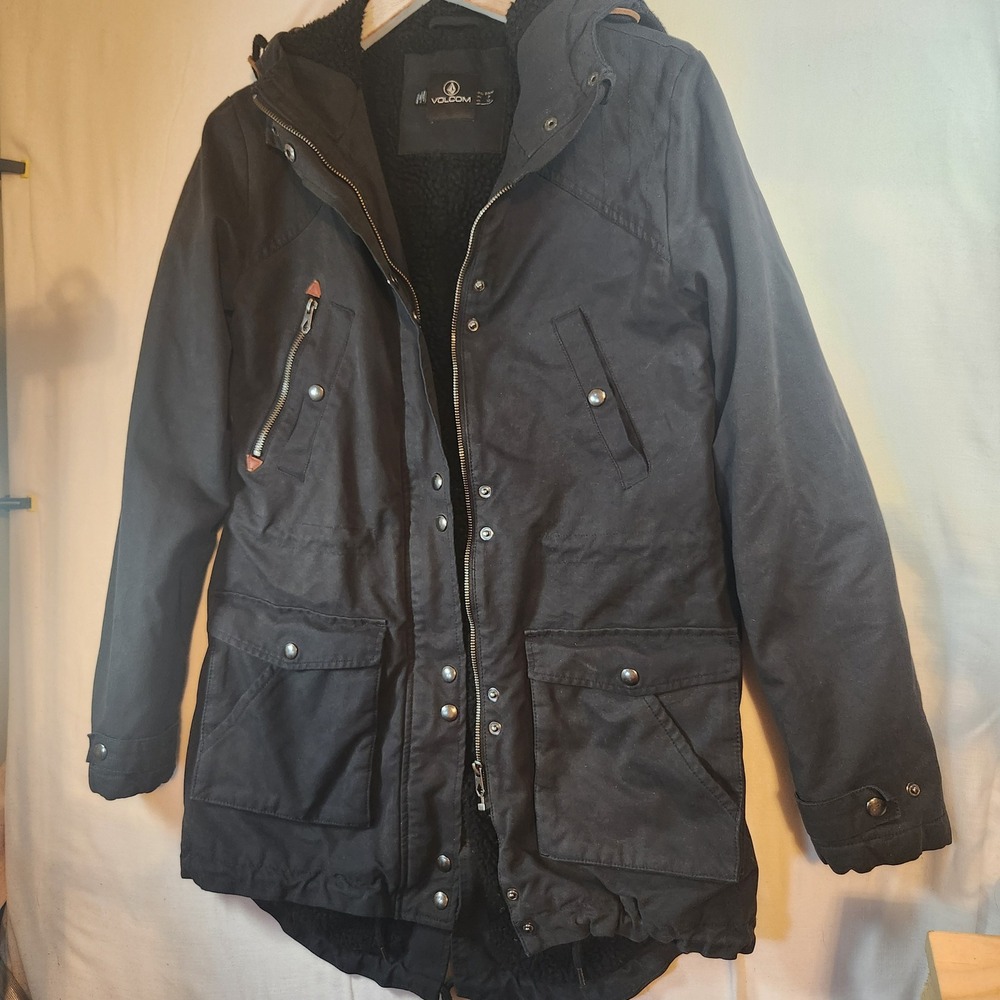 Volcom Black Hooded Parka Jacket Insulated Sherpa Lined Wind Resistant Womens S